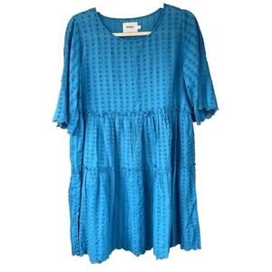 D1 NOTSHY Blue Cotton Tiered Ruffle Dress Textured‎ Short Sleeve Size S